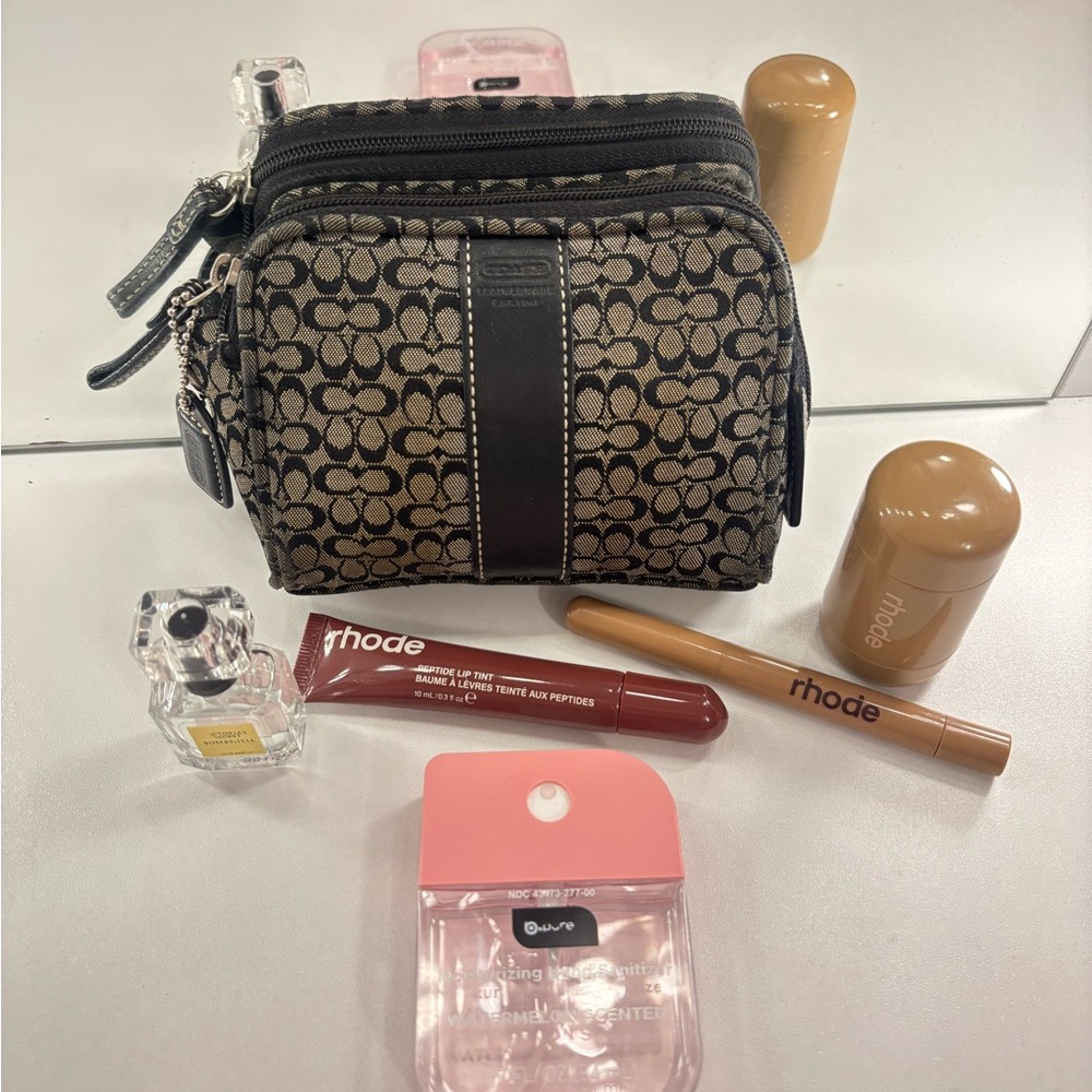 SOLD -Coach Brown and Black Signature Monogram Mini Cosmetic Bag
